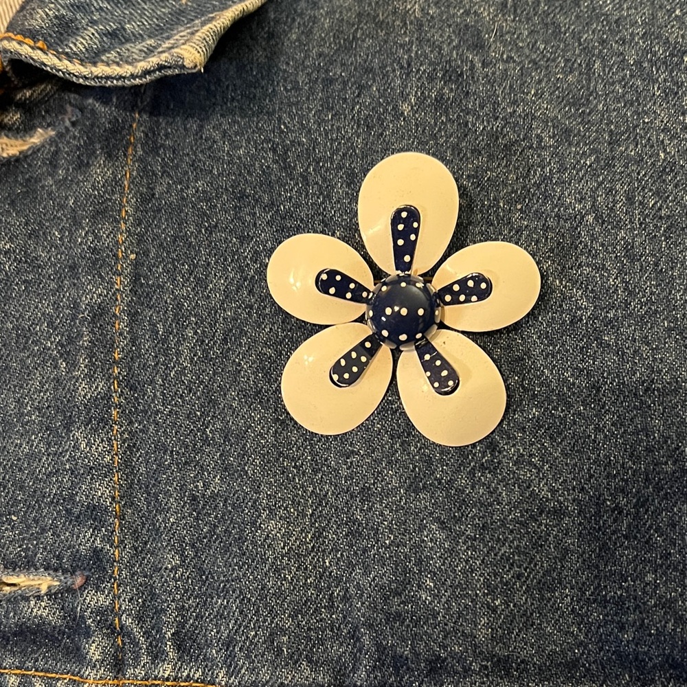 Navy and White Enamel Flower Brooch